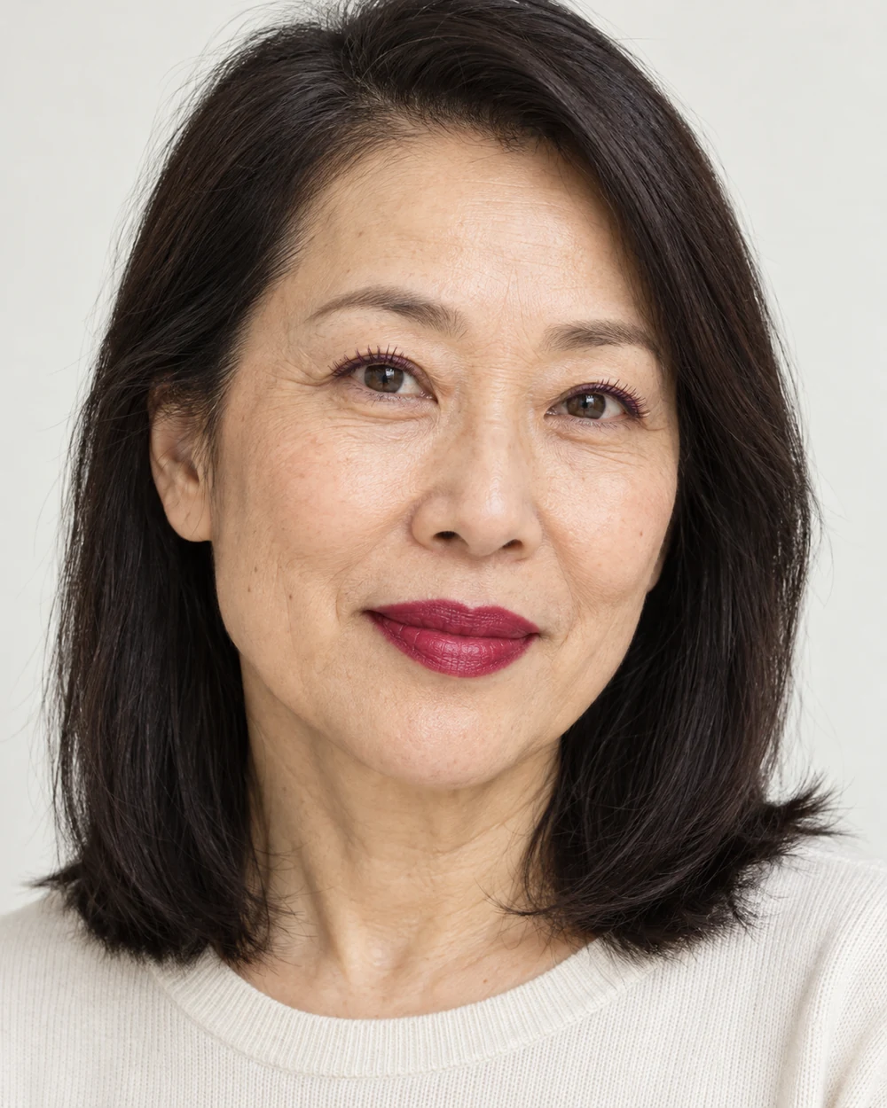 Fictional mature adult with light warm-neutral skin, a berry satin mouth and restrained plum colour on the upper lashes.