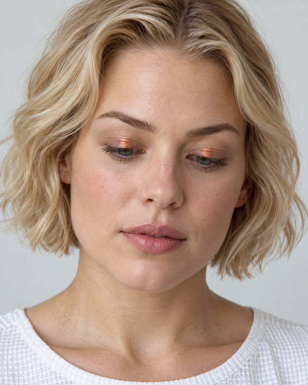 A fictional fair-skinned young adult woman with a blonde bob wearing small bright copper lid-centre reflections and muted rose lips with a white neckline.