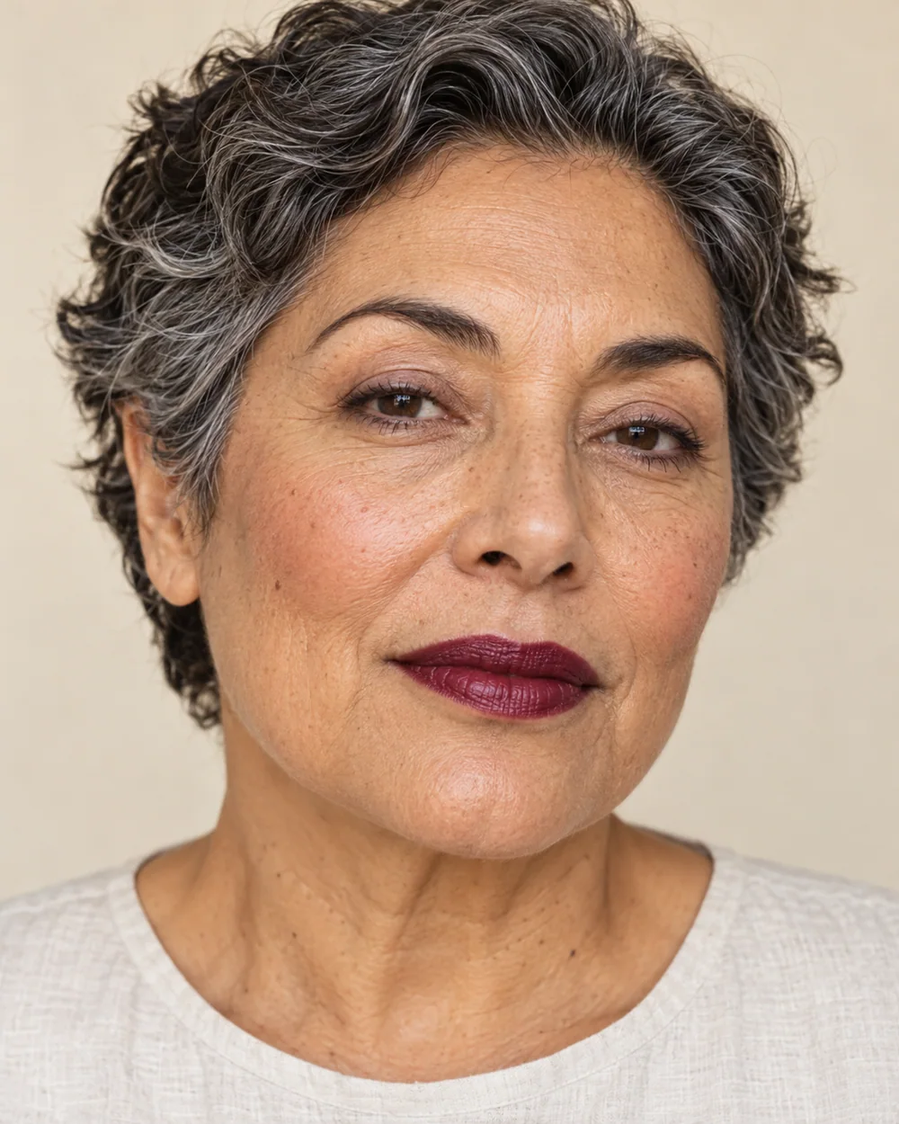 An adult with medium olive skin, natural skin texture and a blackberry lip with restrained cheek colour.