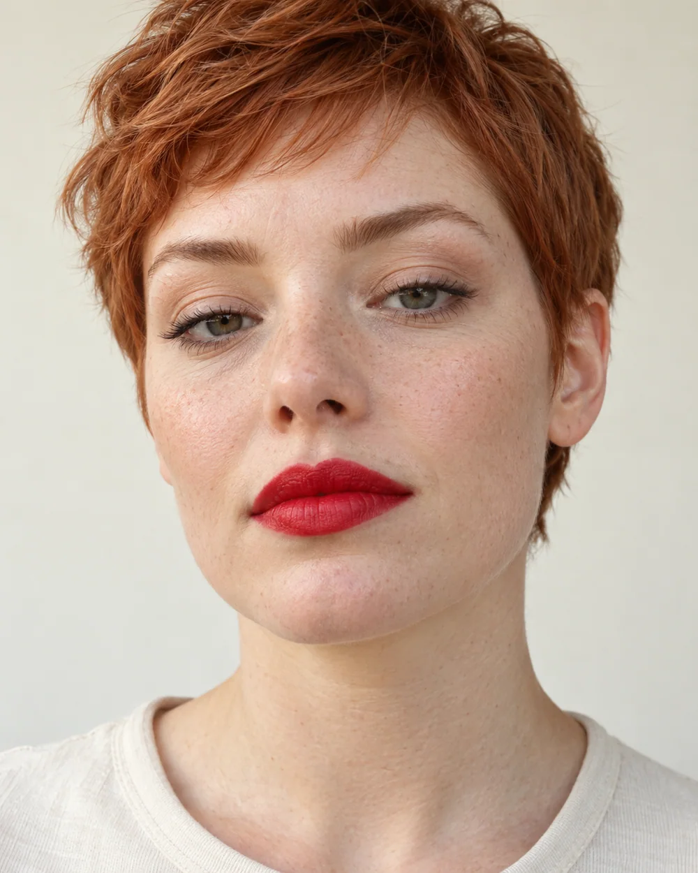 An adult with fair cool skin, natural skin texture and a bright cherry lip in one thin layer.