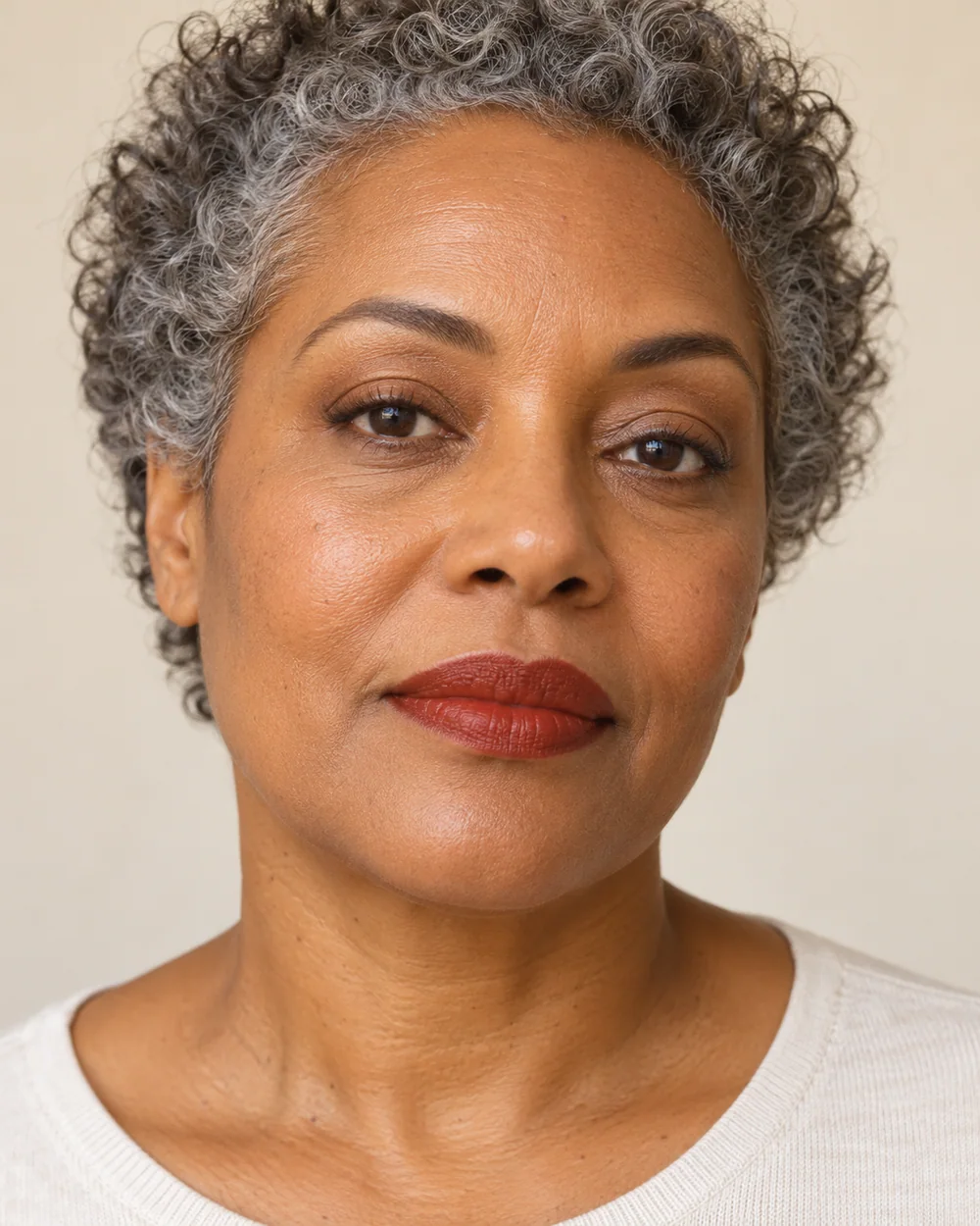 An adult with medium-deep warm brown skin, natural skin texture and a brick-red lip beside a quiet brown eye.