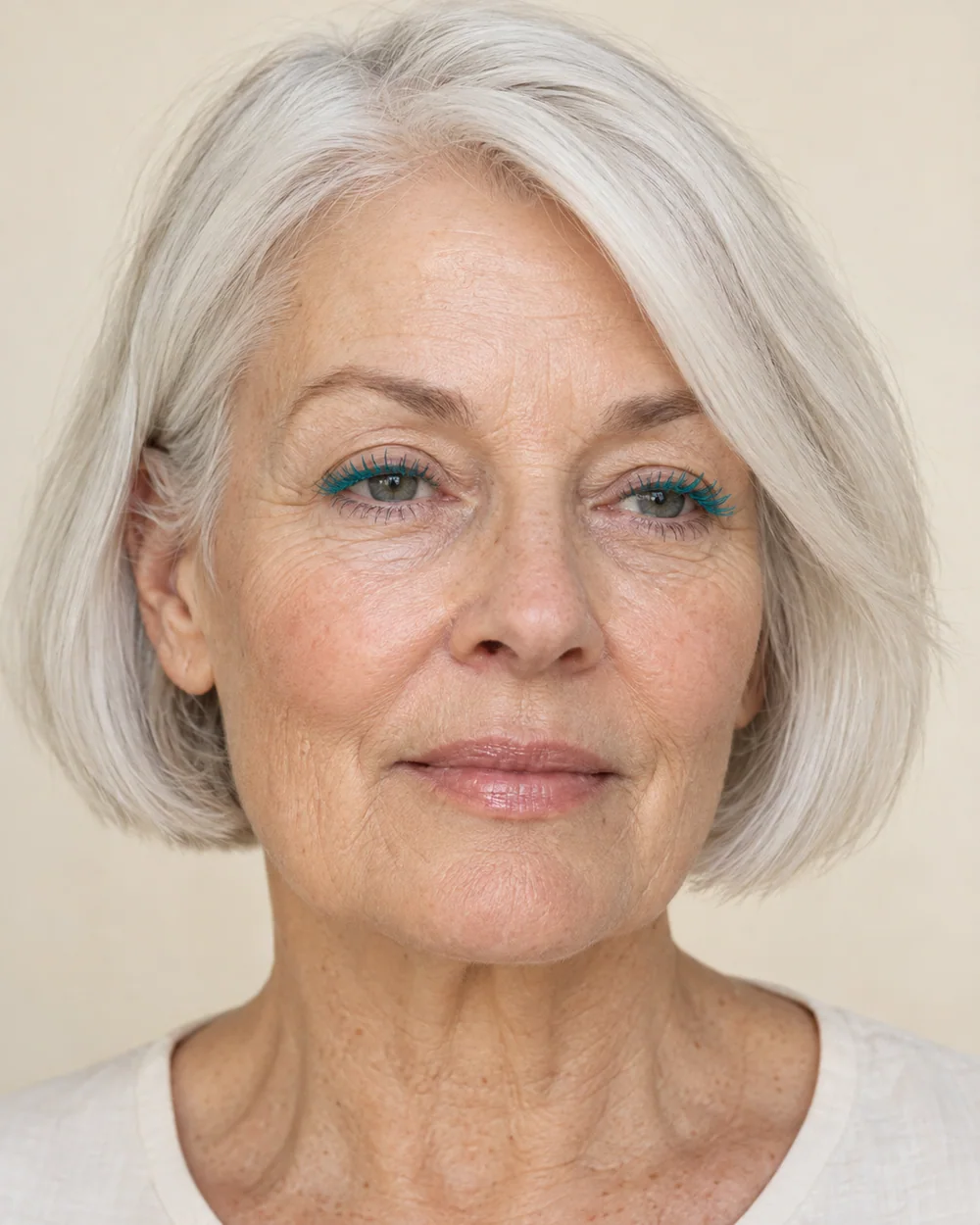 An adult with fair cool skin, natural skin texture and a turquoise lash accent with a clear lip.
