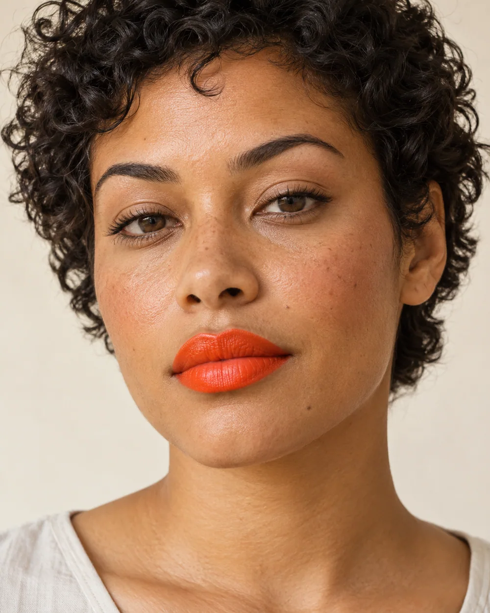 An adult with tan golden skin, natural skin texture and a vivid tangerine lip on familiar skin.