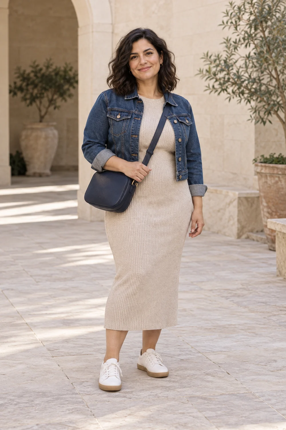 Full-length petite plus-size adult in an oatmeal knit midi dress, cropped indigo denim jacket, white gum-sole trainers and navy crossbody bag.