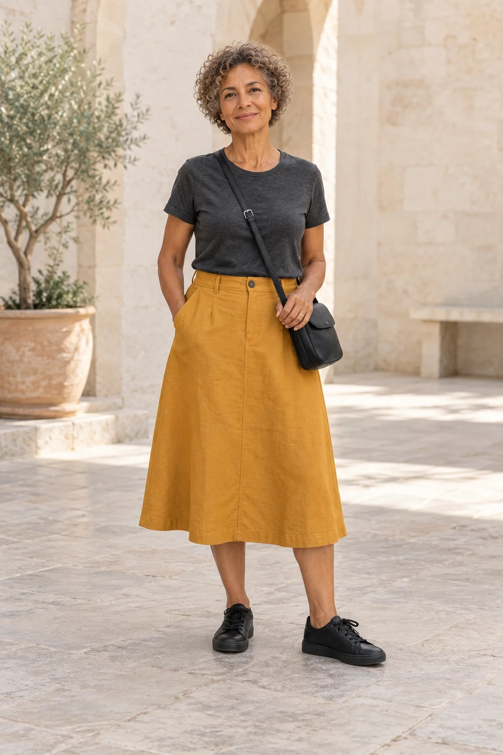 Full-length petite older adult in a charcoal tee, saffron A-line skirt, low black trainers and black crossbody bag.