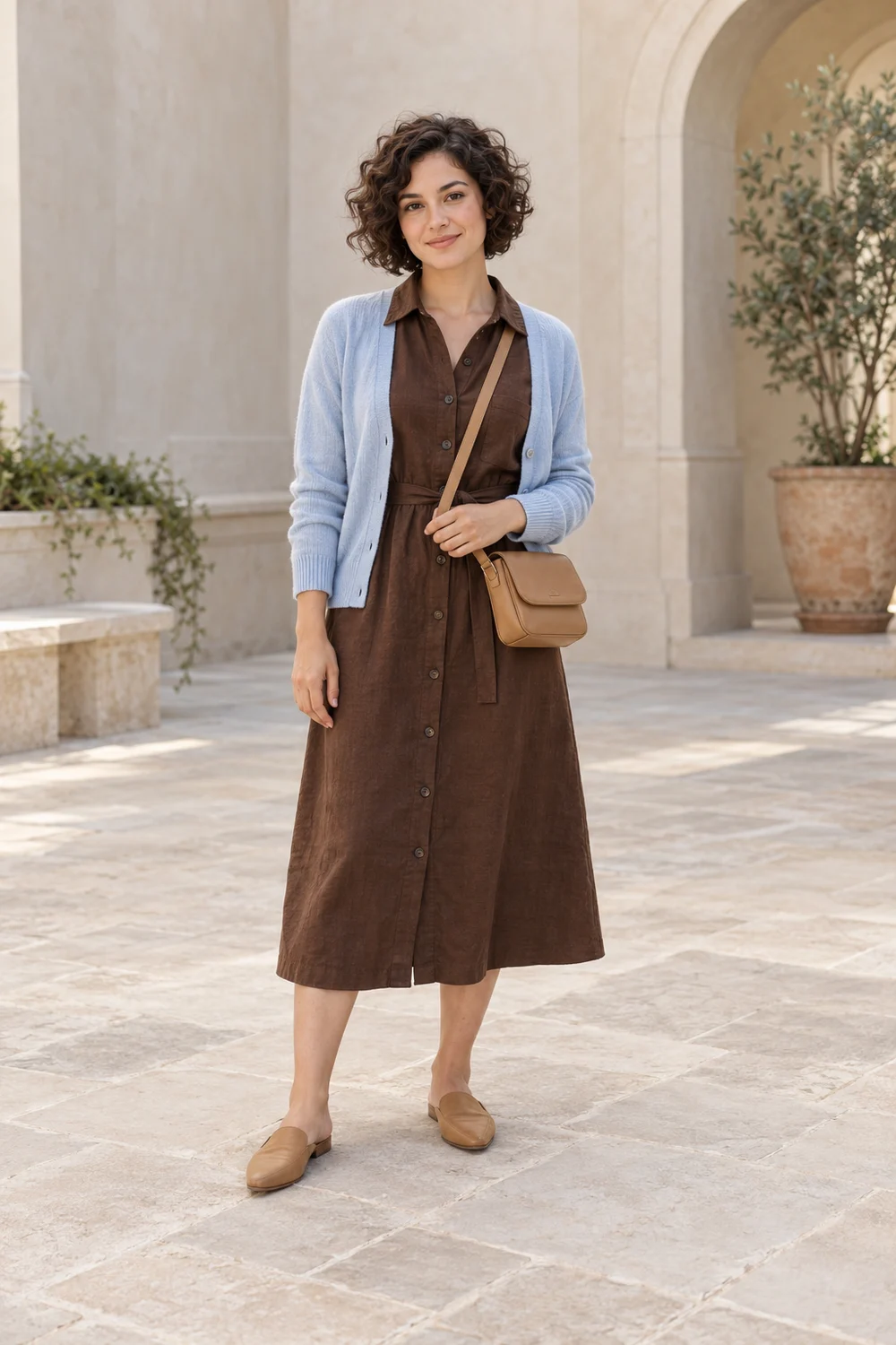 Full-length petite adult in a cocoa button-front shirt dress, pale-blue cardigan, tan flat mules and tan crossbody bag.