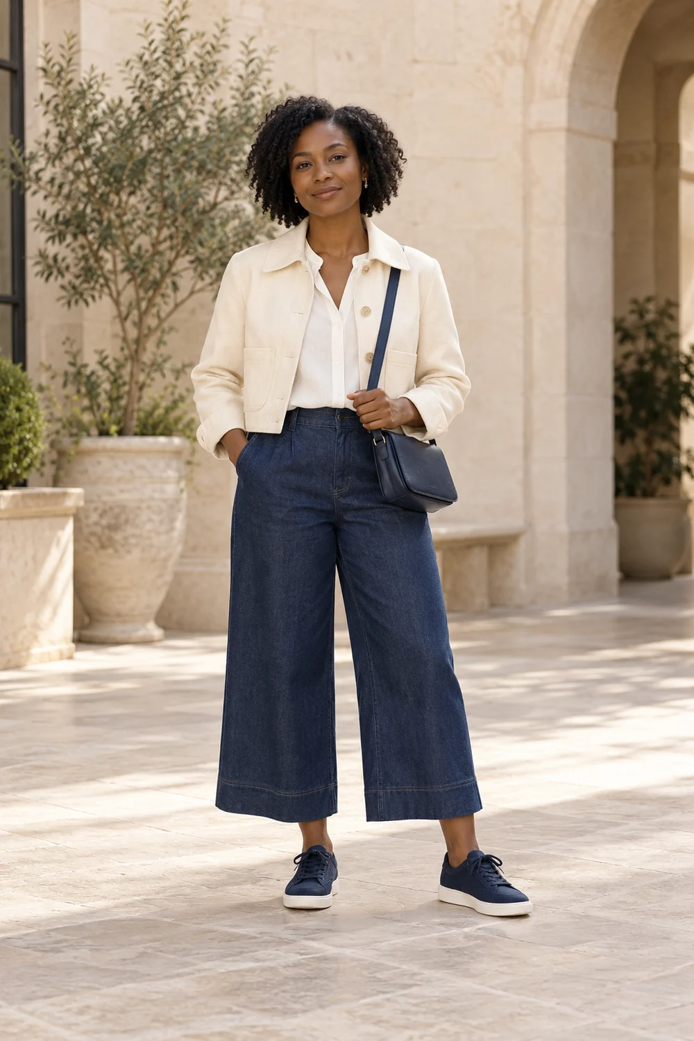 Full-length petite adult in indigo wide-leg culottes, a cream blouse and short jacket, navy trainers and navy crossbody bag.