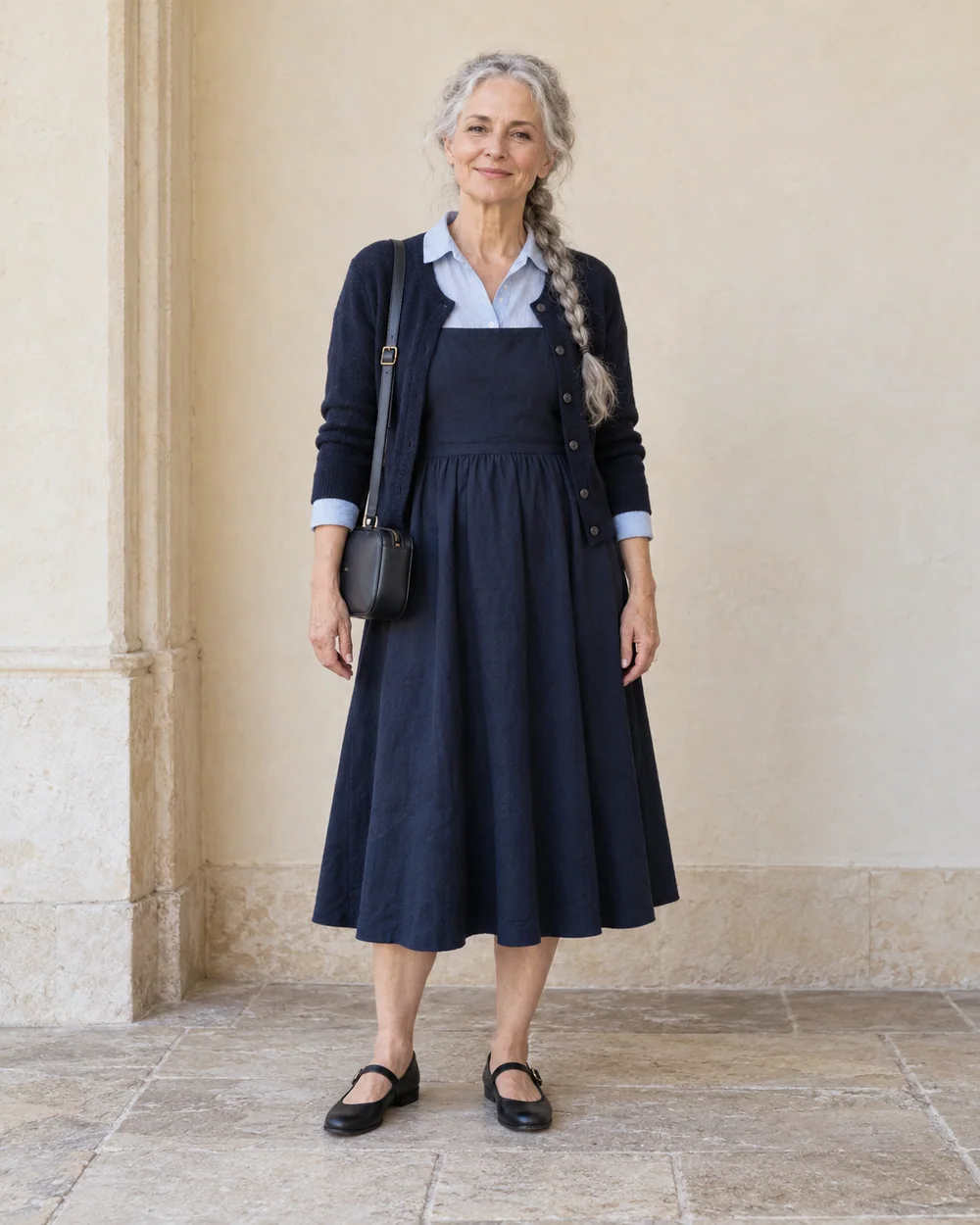A full-length adult with fair cool skin wearing Navy pinafore midi dress, pale-blue shirt, Short navy cardigan and Black Mary Jane flats, with a compact black or navy bag; both complete shoes are visible.