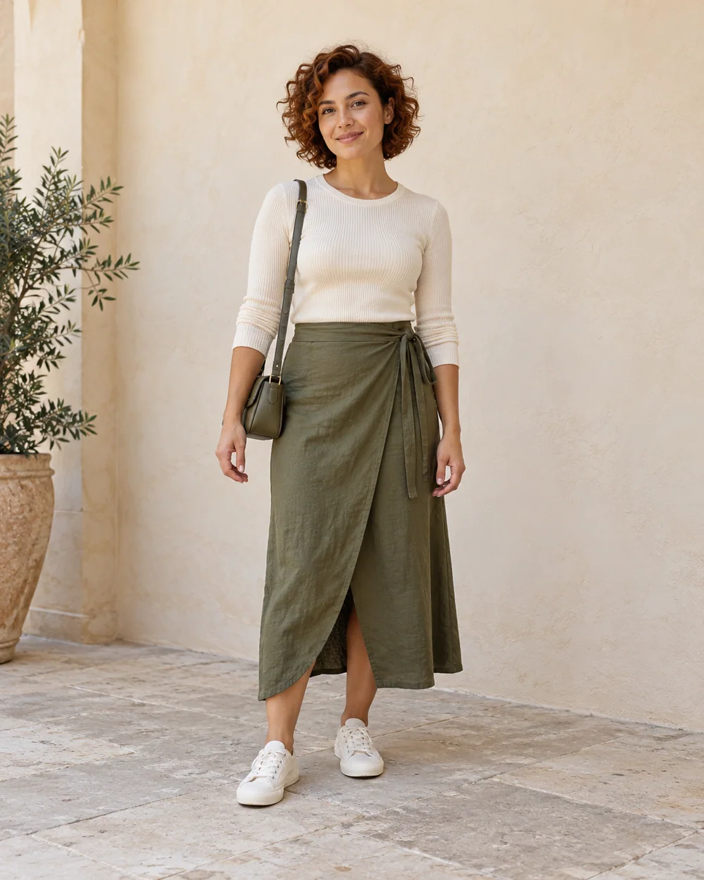 A full-length adult with tan golden skin wearing Olive wrap skirt with sufficient overlap, cream fine knit and Cream canvas trainers, with a compact olive or brown bag; both complete shoes are visible.