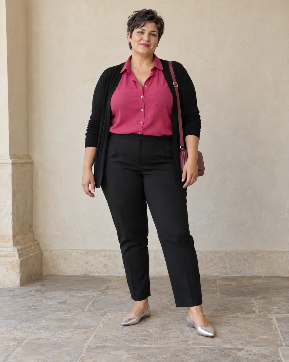 A full-length adult with light-medium neutral skin wearing Raspberry soft shirt, black tapered trousers, Black lightweight cardigan and Silver pointed flats, with a compact burgundy or raspberry-related bag; both complete shoes are visible.