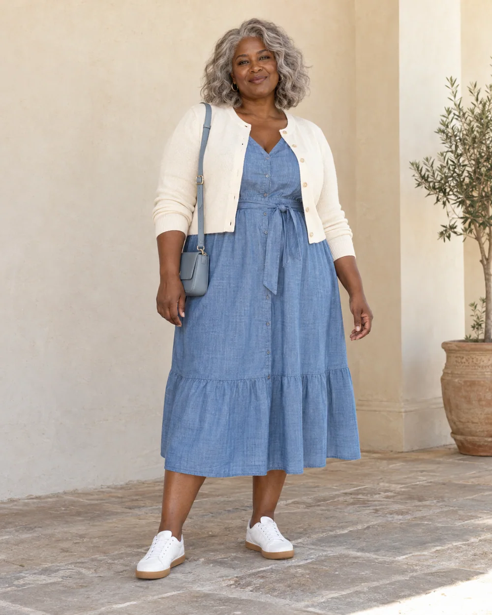 A full-length adult with deep brown skin wearing Blue chambray midi dress, Cream cropped cardigan and White gum-sole trainers, with a compact blue bag; both complete shoes are visible.