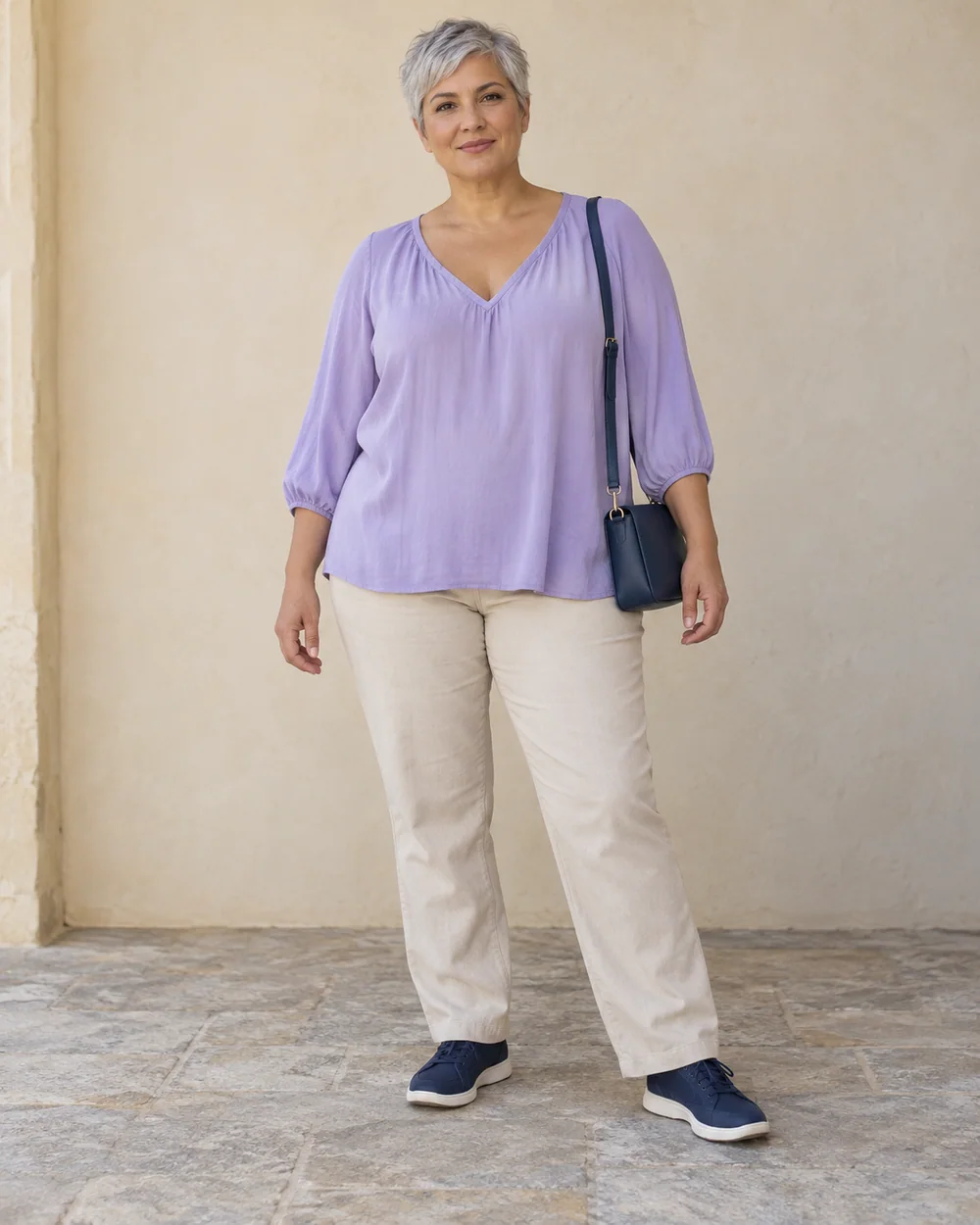 A full-length adult with tan golden skin wearing Stone straight trousers, lilac fluid top and Navy slim trainers, with a compact navy bag; both complete shoes are visible.