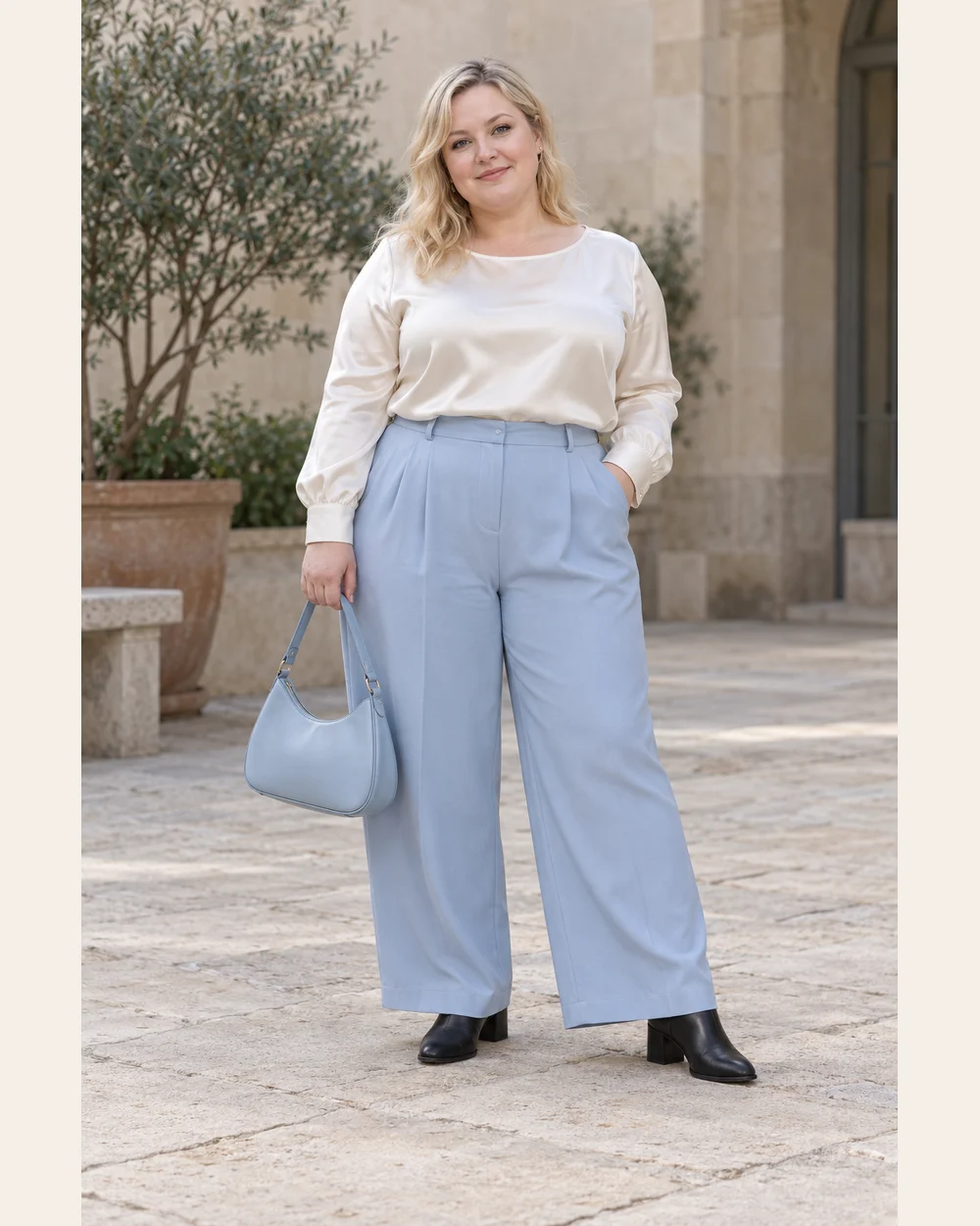 A fictional woman in pale-blue fluid trousers, ivory satin-finish top, black block-heel ankle boots and pale-blue bag.