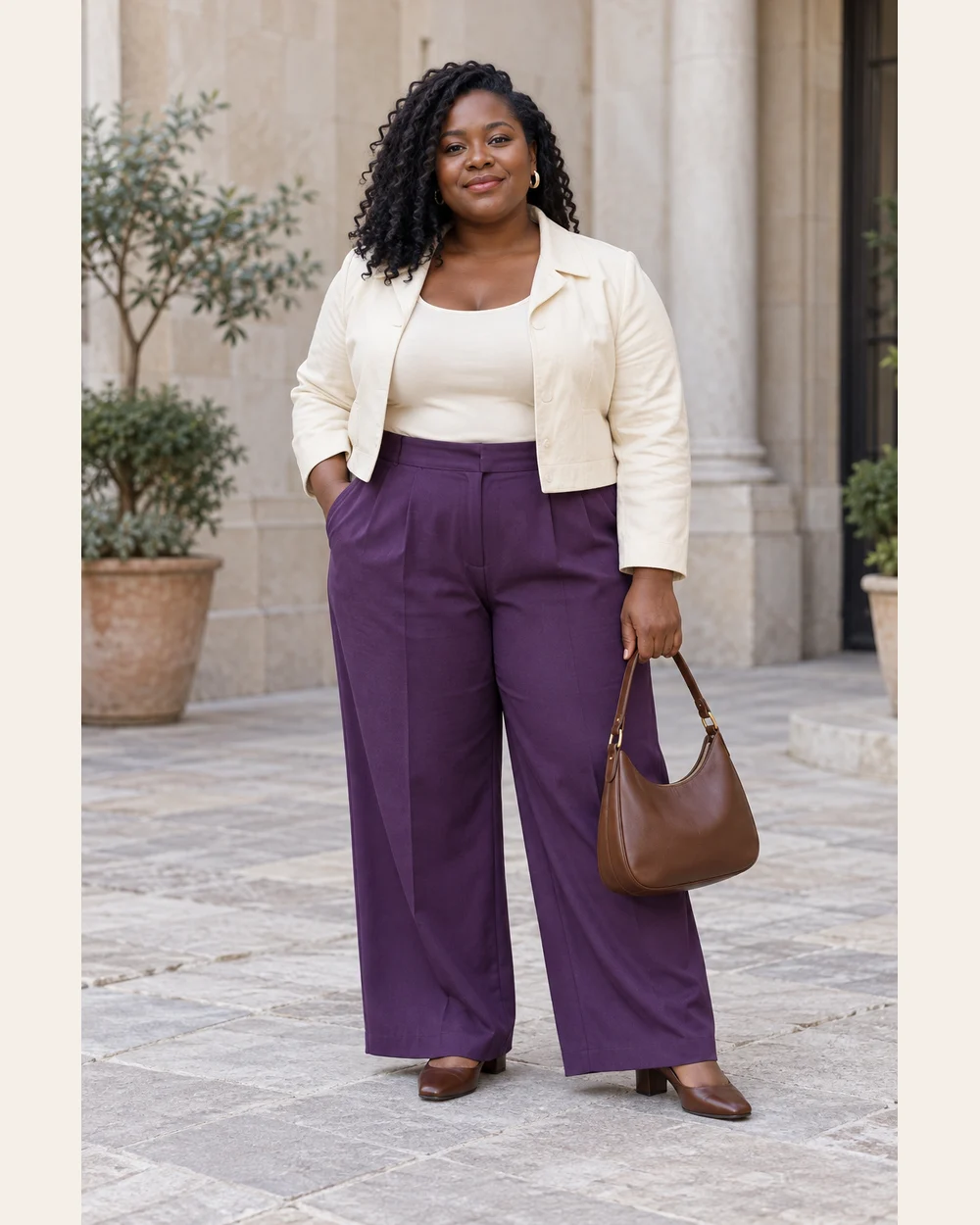 A fictional woman in purple wide trousers, cream shell and short jacket, brown closed-toe heels and brown bag.