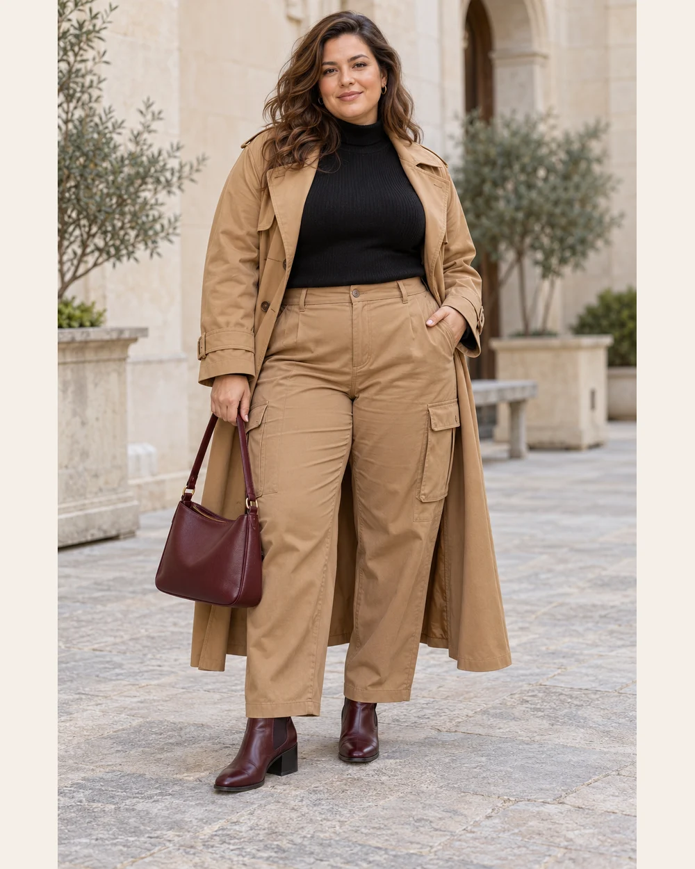 A fictional woman in camel cargo trousers and trench, black knit, oxblood heeled Chelsea boots and burgundy bag.