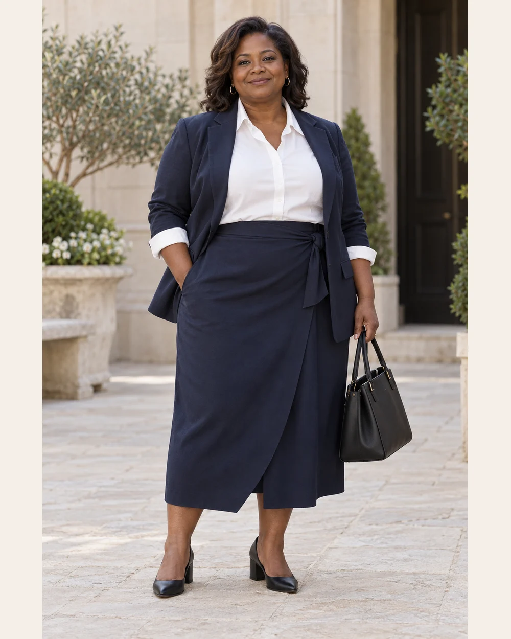 A fictional woman in navy wrap midi skirt and relaxed blazer, white shirt, black block-heel pumps and black bag.