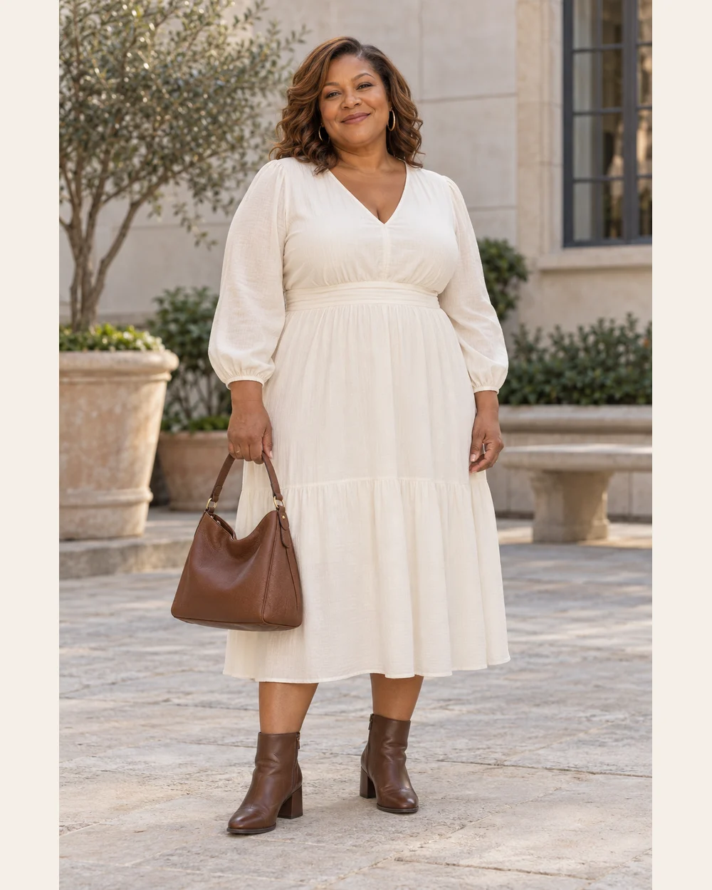 A fictional woman in ivory midi dress, brown heeled ankle boots and brown bag.