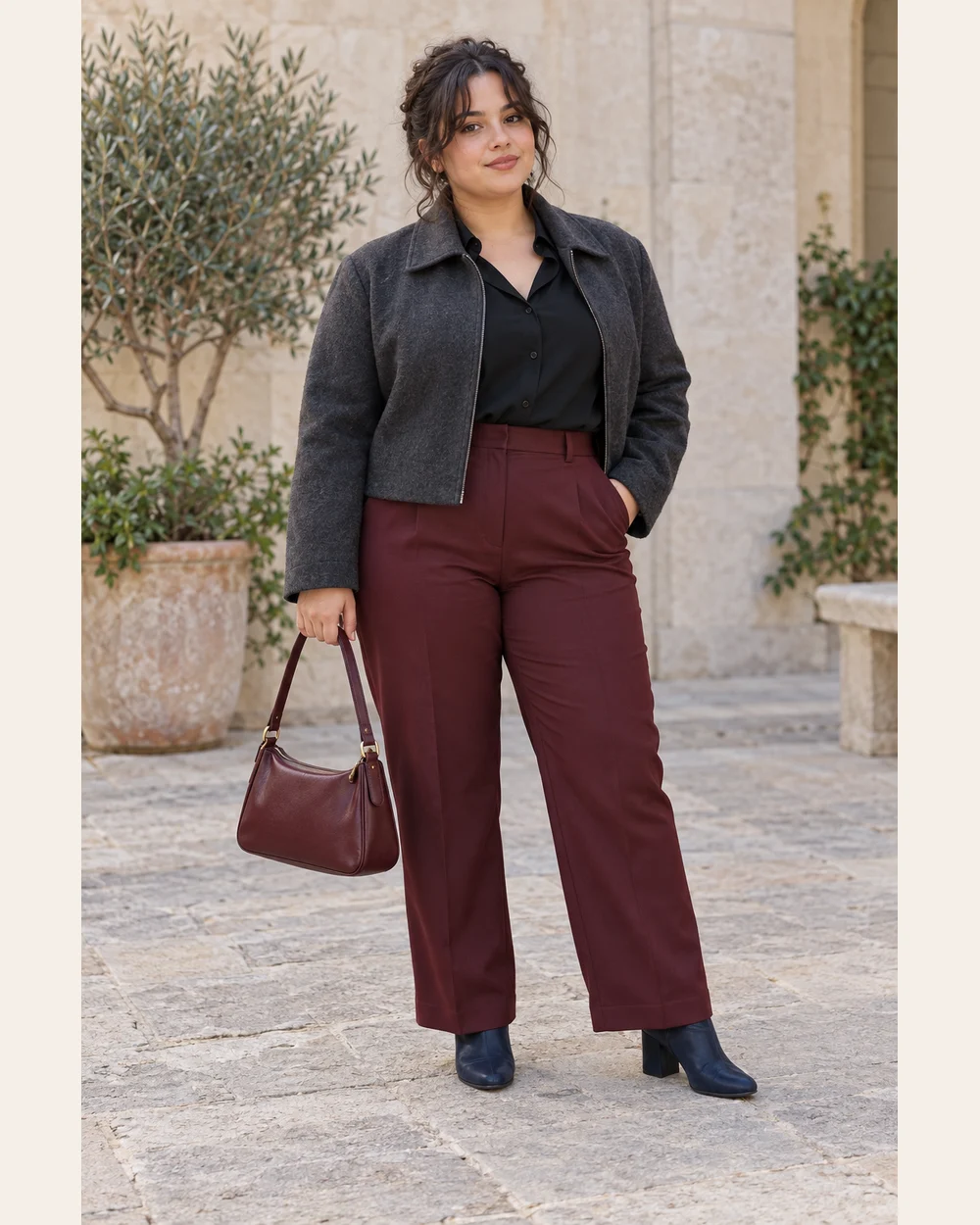 A fictional woman in oxblood trousers, black blouse, charcoal short jacket, navy heeled ankle boots and burgundy bag.