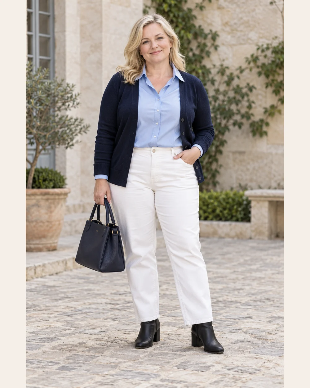 A fictional woman in blue collared blouse, white trousers, navy fine cardigan, black block-heel ankle boots and navy bag.