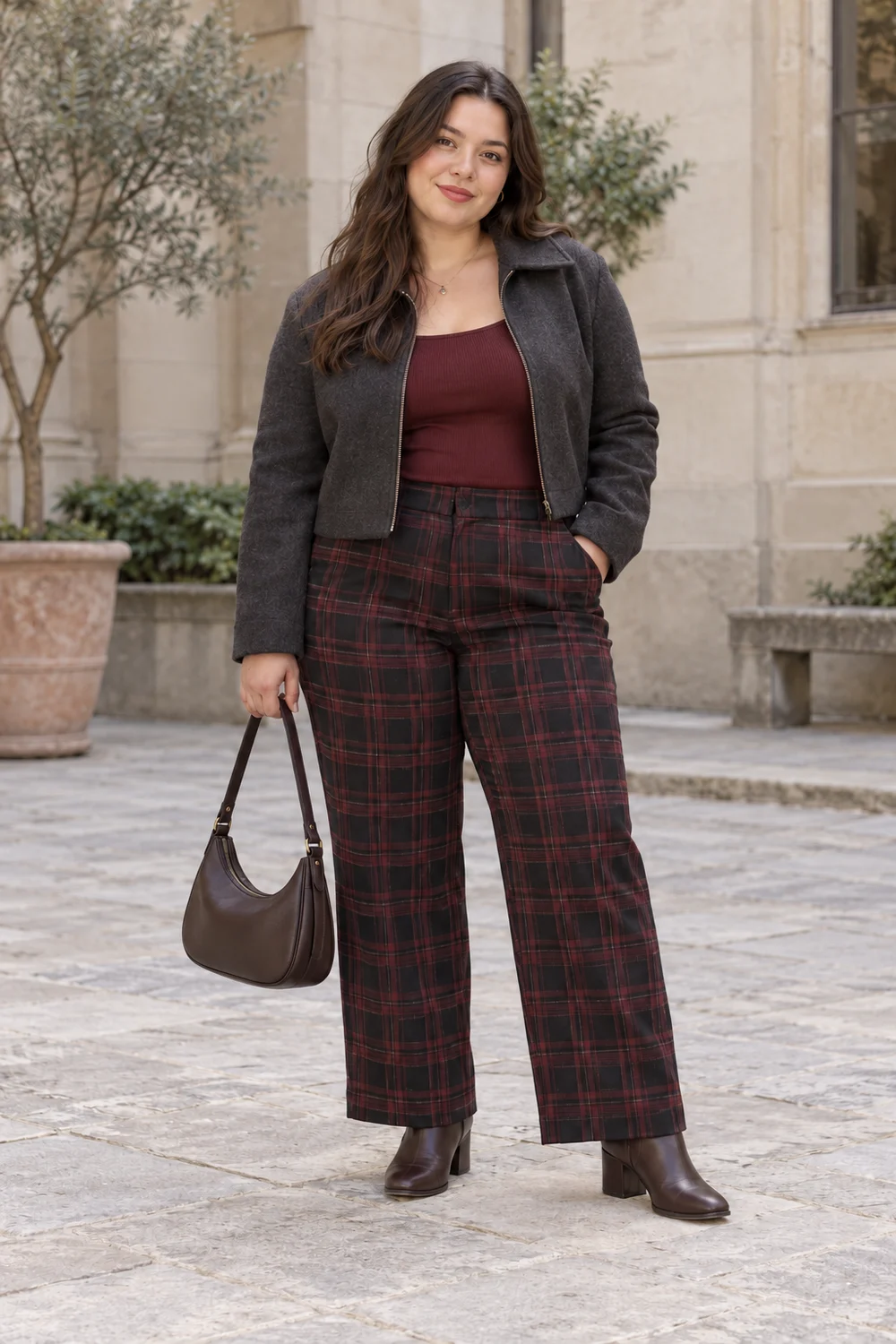 A fictional woman in black-and-oxblood checked trousers, oxblood top, charcoal short jacket, brown heeled ankle boots and dark bag.