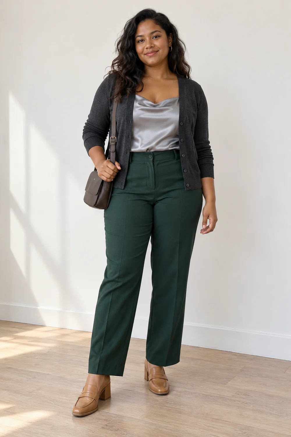 A petite plus-size fictional adult in forest straight trousers, a silver-grey satin top, charcoal fine cardigan, tan heeled loafers and a dark compact bag, shown full length.