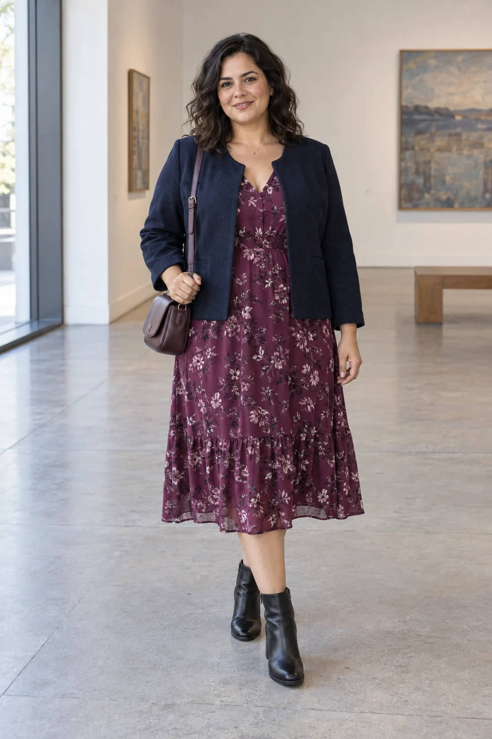 A petite plus-size fictional adult in a plum printed midi dress, ink collarless jacket, black block-heel ankle boots and a dark compact bag, shown full length.