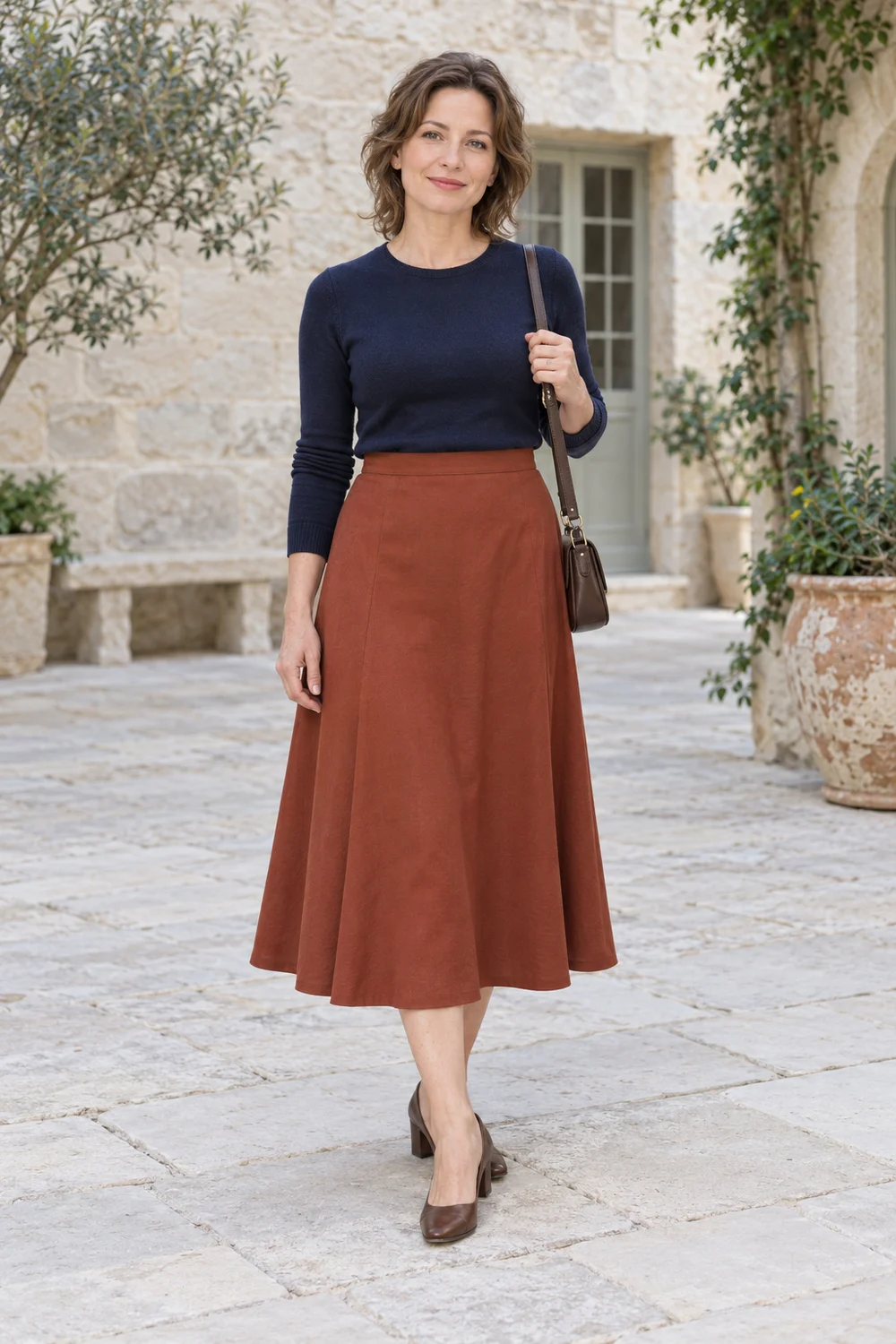 A petite fictional adult in a navy fine knit, rust A-line midi skirt, brown closed-toe heeled shoes and a compact dark bag, shown full length without the optional navy cropped blazer.