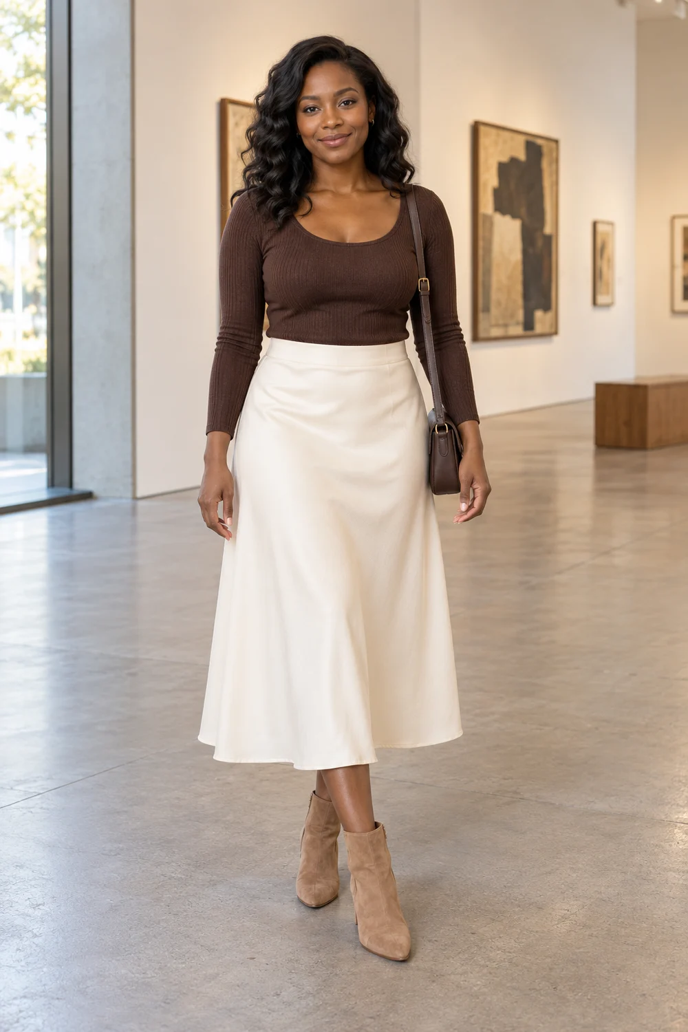 A petite fictional adult in a cream skirt, chocolate soft top, tan heeled ankle boots and a compact dark bag, shown full length without the optional cream relaxed blazer.