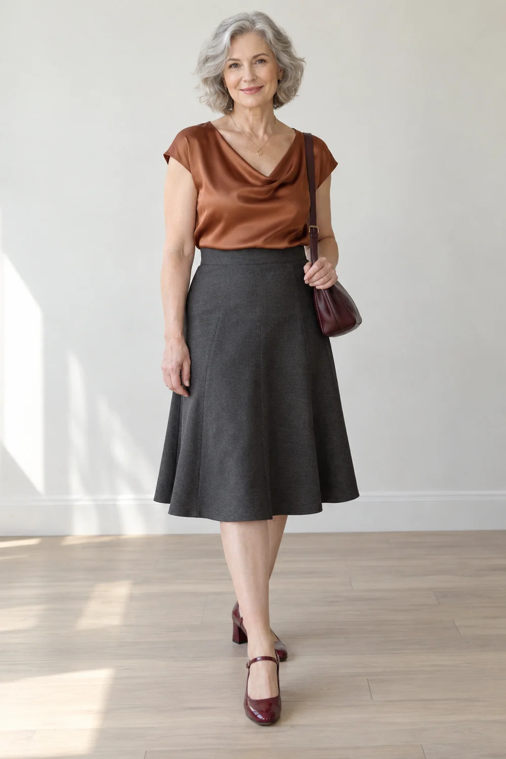 A petite fictional adult in a copper satin top, charcoal A-line skirt, burgundy heeled Mary Jane shoes and a compact dark bag, shown full length without the optional grey cardigan.