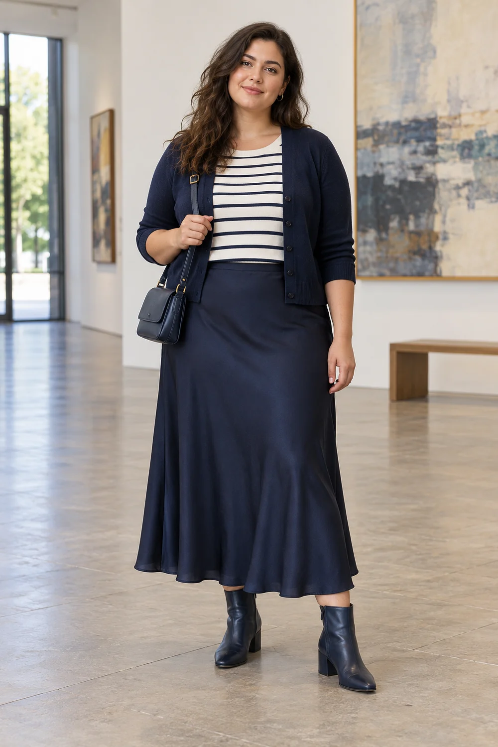 A plus-size fictional adult in a navy lined bias-cut midi skirt, ivory-and-navy striped top, navy short cardigan, navy heeled ankle boots and a compact navy bag, shown full length.