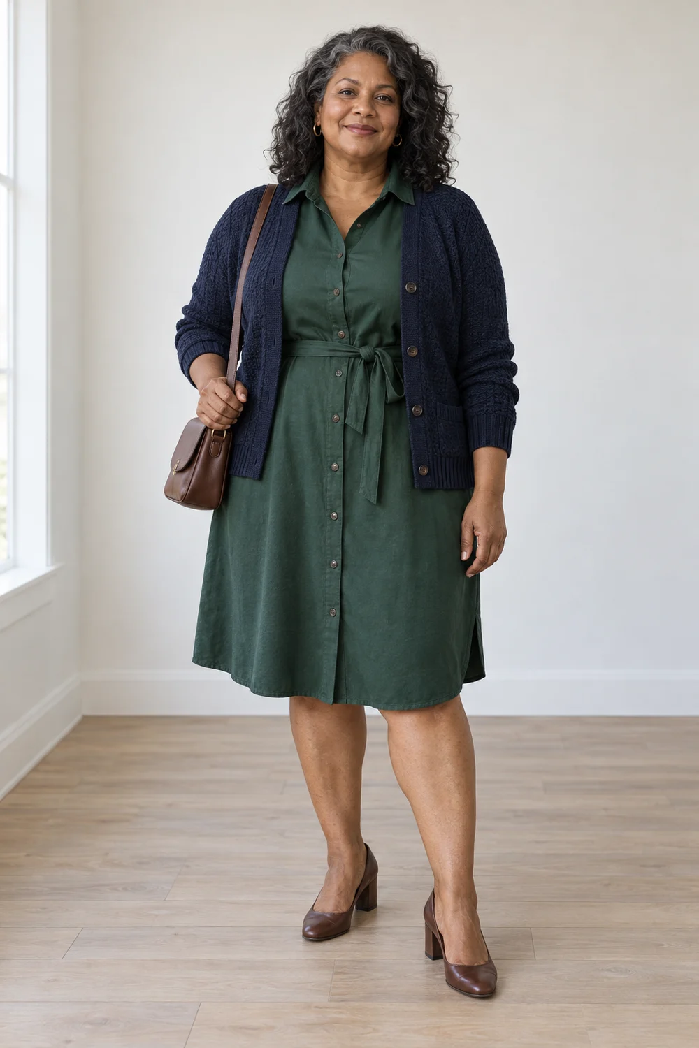 A plus-size fictional adult in a forest-green shirt dress, navy knitted jacket, brown closed-toe heeled shoes and a compact brown bag, shown full length.