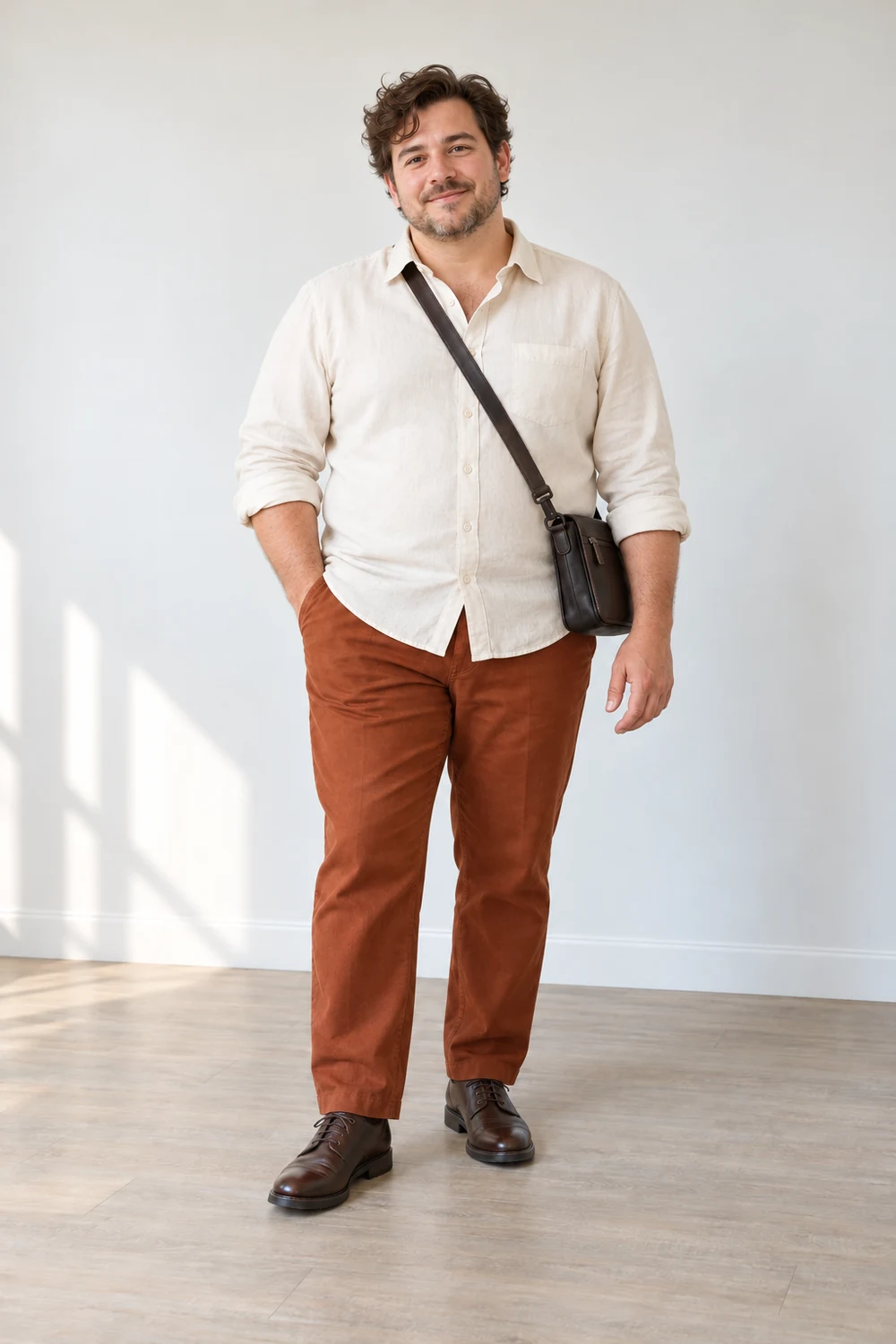 A fictional shorter man with a fuller build and brown wavy hair wearing an ivory shirt, rust trousers, brown Derby shoes and a dark crossbody bag.