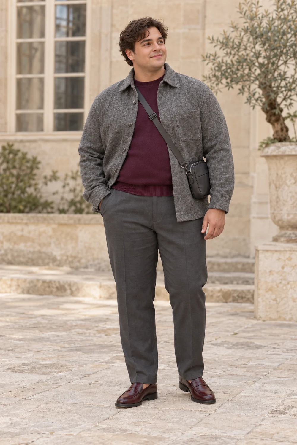 A fictional shorter man with a fuller build and dark wavy hair wearing a grey overshirt, plum knit, charcoal trousers, burgundy loafers and a dark crossbody bag.