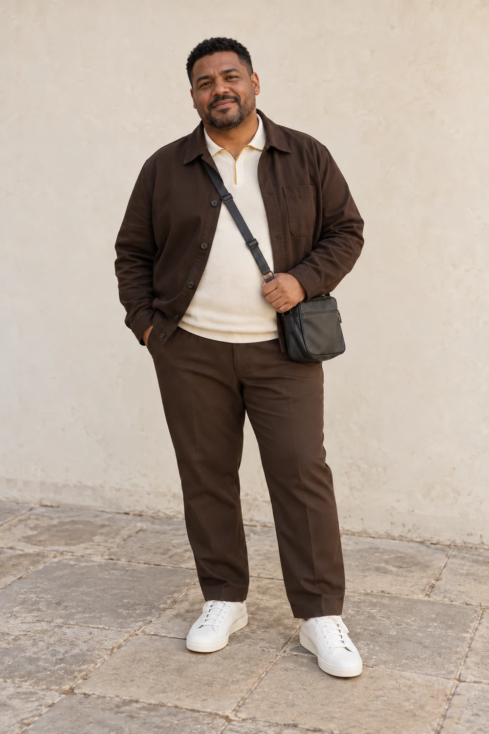 A petite plus-size fictional man with warm brown skin and short natural black hair wearing chocolate trousers and an open chocolate overshirt over a cream knit polo with a small mustard detail, white low trainers and a dark crossbody bag, shown full length.