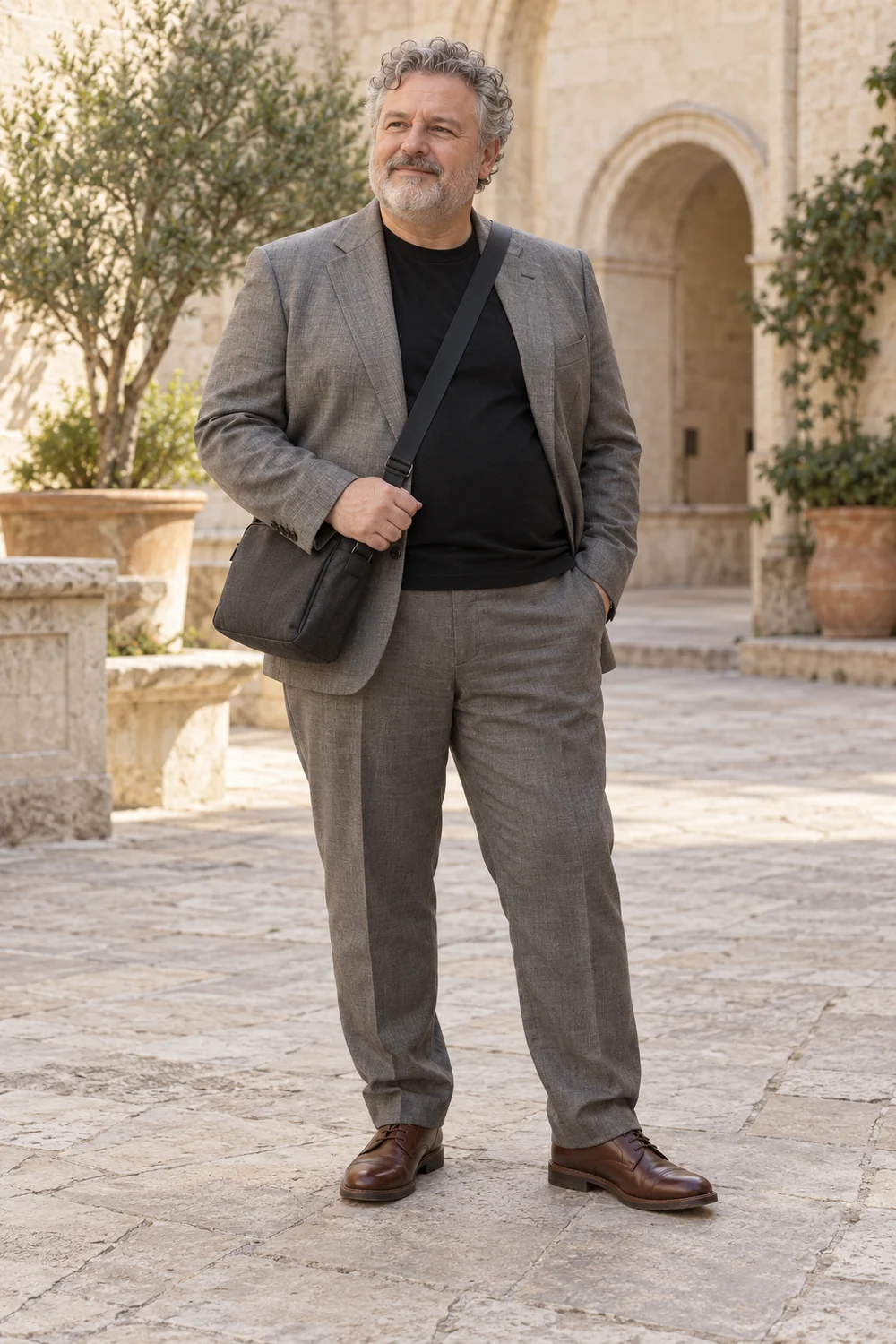 Full-length short plus-size older adult man in grey trousers and suit jacket, black tee, brown Derby shoes and charcoal crossbody bag.
