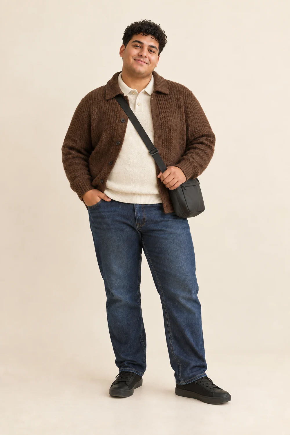 Full-length short plus-size adult man in indigo jeans, a cream collared knit, brown knitted jacket, black trainers and charcoal crossbody bag.