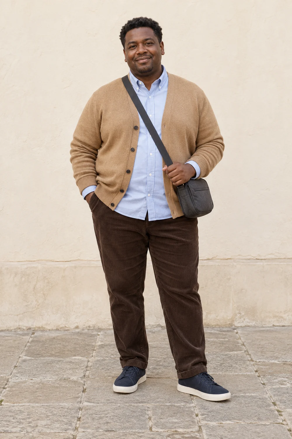Full-length short plus-size adult man in chocolate corduroy trousers, pale-blue Oxford shirt, camel cardigan, navy trainers and charcoal crossbody bag.