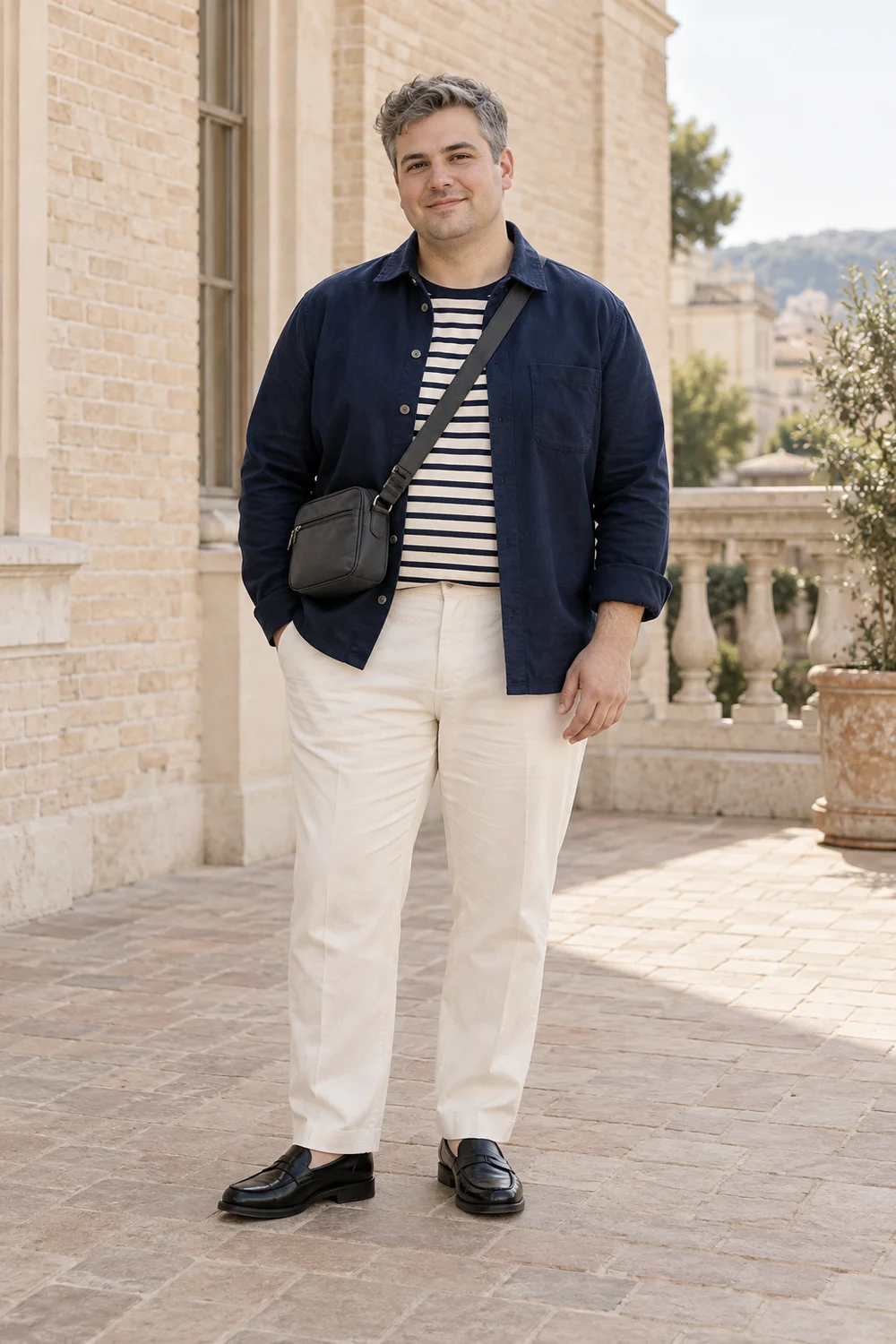 Full-length short plus-size adult man in cream trousers, navy-and-cream striped tee, navy overshirt, black loafers and charcoal crossbody bag.