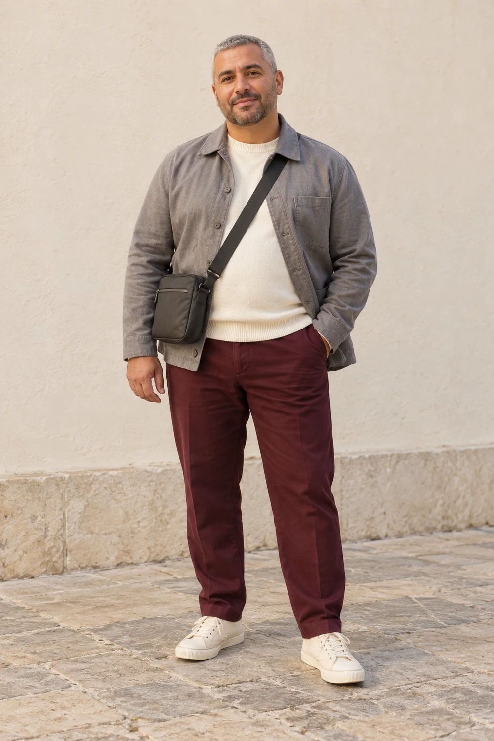 Full-length short plus-size adult man in burgundy trousers, ivory knit, grey relaxed jacket, cream trainers and charcoal crossbody bag.