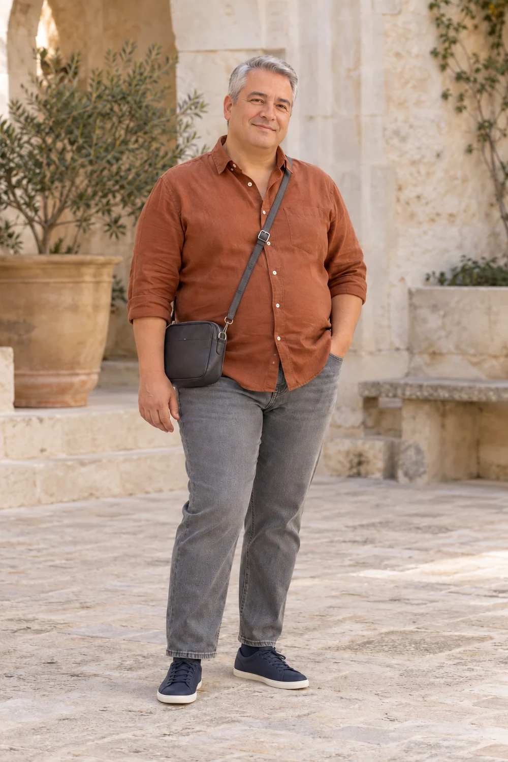 A fictional petite plus-size adult man in a rust soft shirt, grey straight jeans, navy slim low-top trainers and a black crossbody bag worn diagonally to the opposite hip, shown full length.