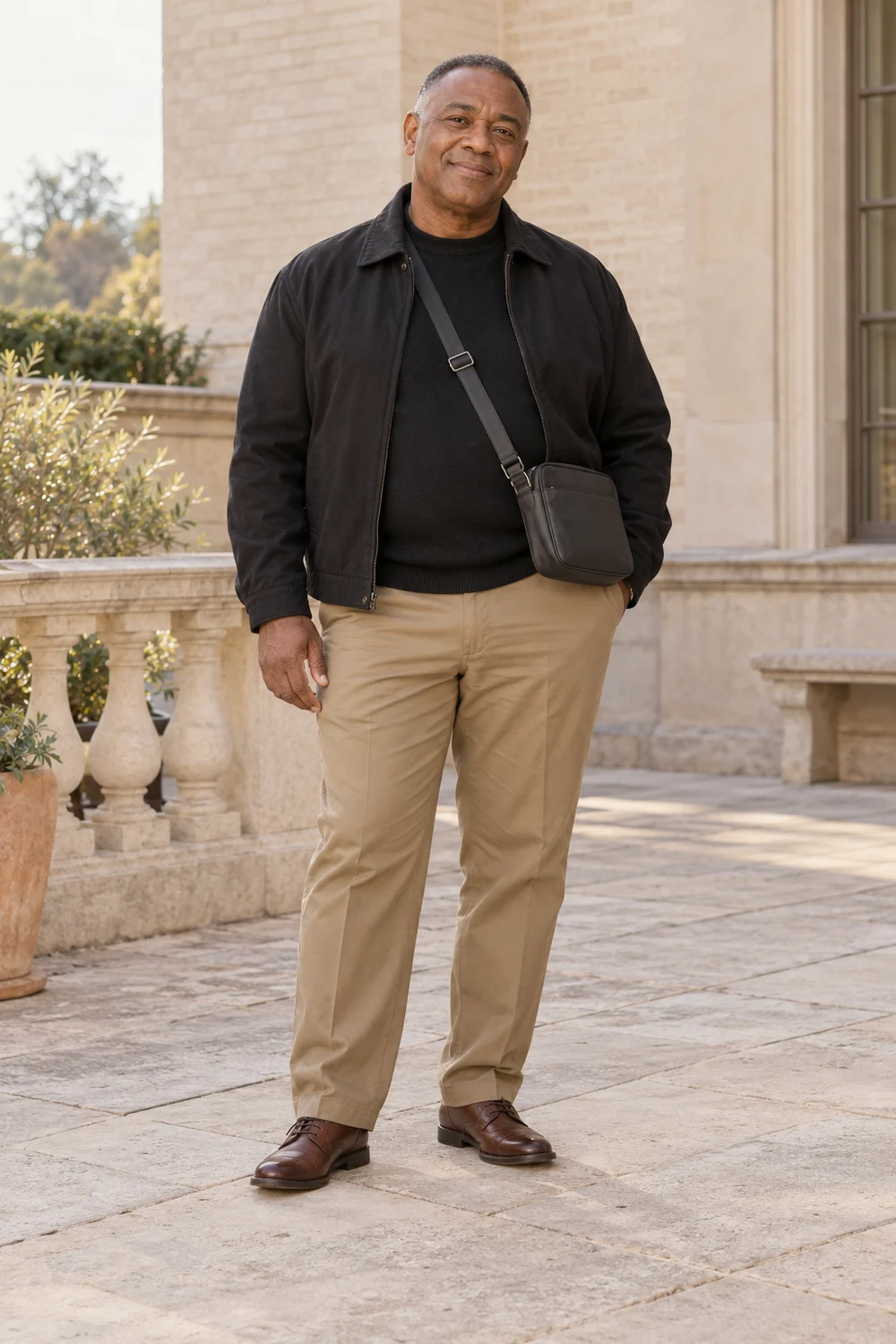 Full-length short plus-size older adult man in khaki trousers, black crew knit and short jacket, brown Derby shoes and charcoal crossbody bag.