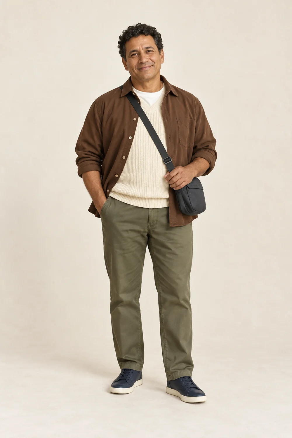 Full-length petite adult man in olive trousers, ivory tee, cream knitted vest, brown overshirt, navy trainers and charcoal crossbody bag.