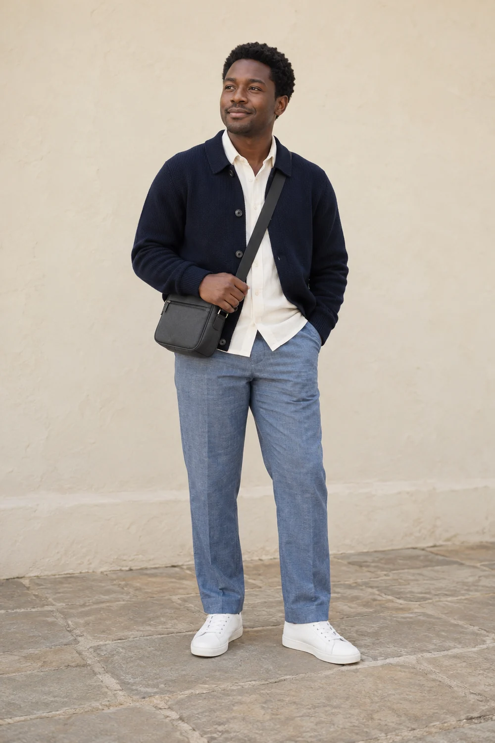 Full-length petite adult man in blue chambray trousers, ivory shirt, navy knitted jacket, white trainers and charcoal crossbody bag.