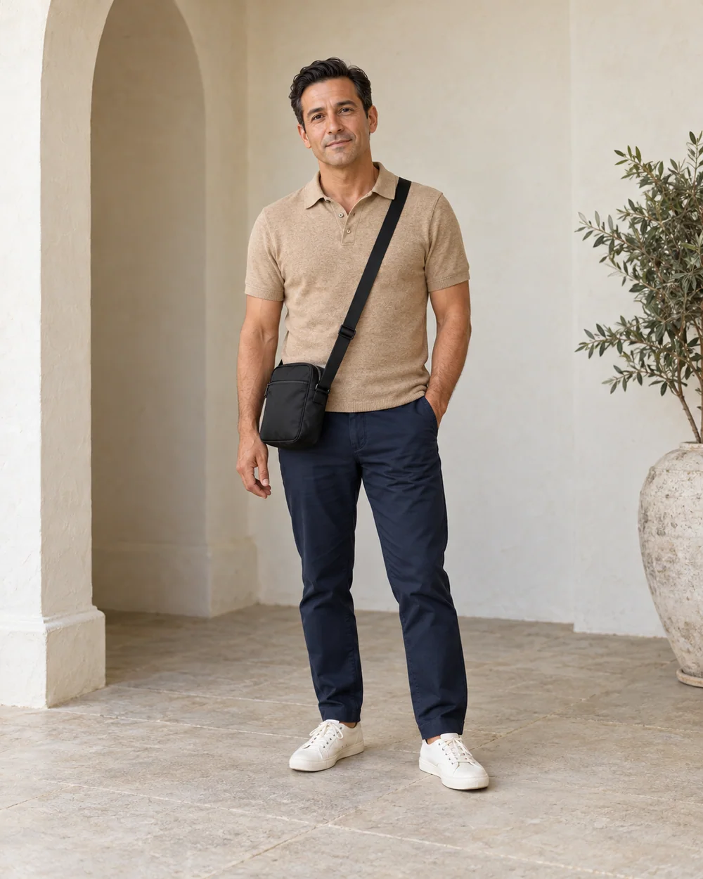 A full-length adult man with medium olive skin wearing Navy chinos, tan knit polo and Cream canvas trainers, with a small dark crossbody bag; both complete shoes are visible.