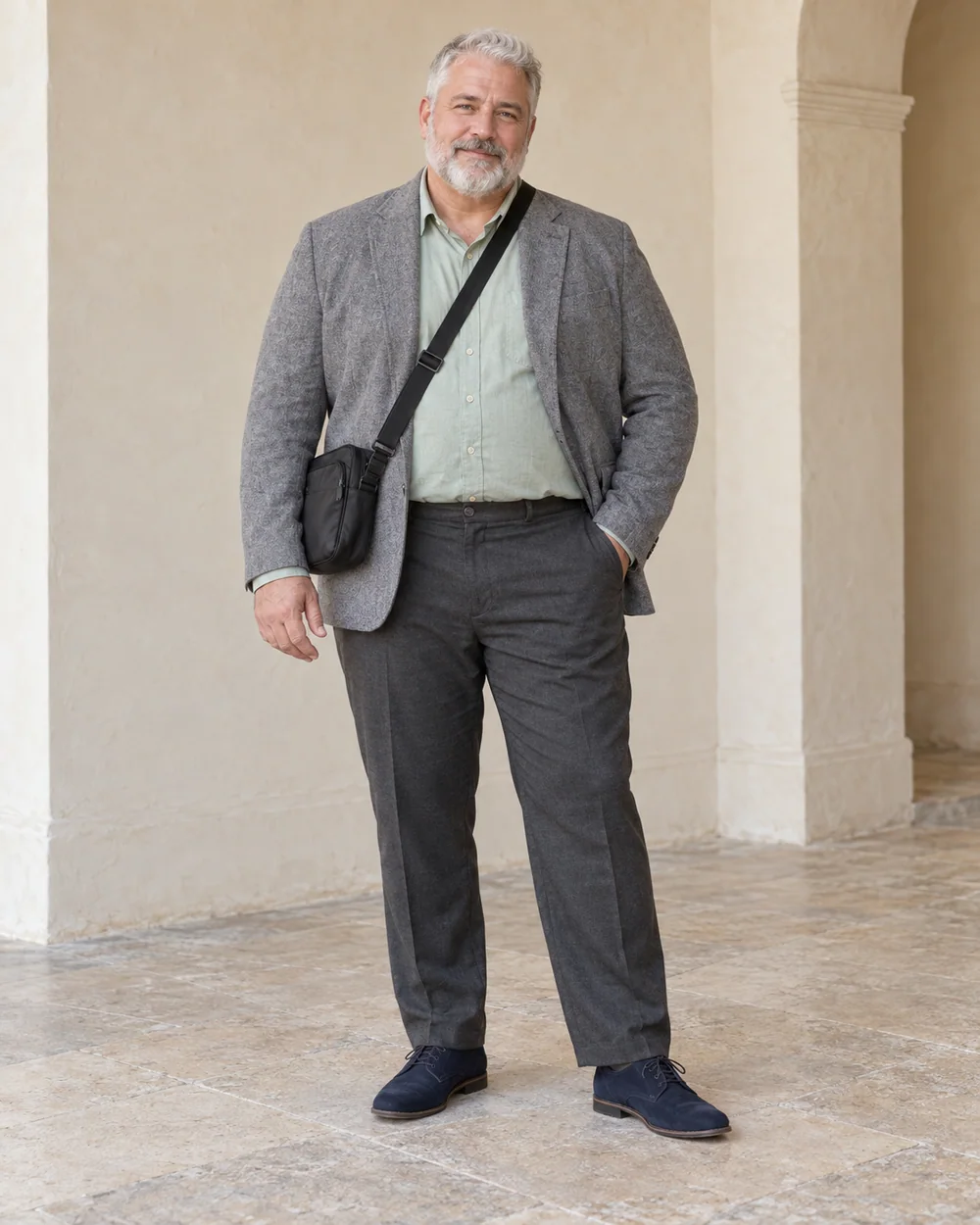 A full-length adult man with fair cool skin wearing Charcoal straight trousers, muted mint shirt, Grey unstructured blazer and Navy lace-up flats, with a small dark crossbody bag; both complete shoes are visible.