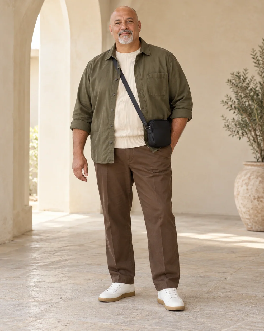 A full-length adult man with tan golden skin wearing Brown straight trousers, ivory fine rib knit, Olive overshirt and White gum-sole trainers, with a small dark crossbody bag; both complete shoes are visible.