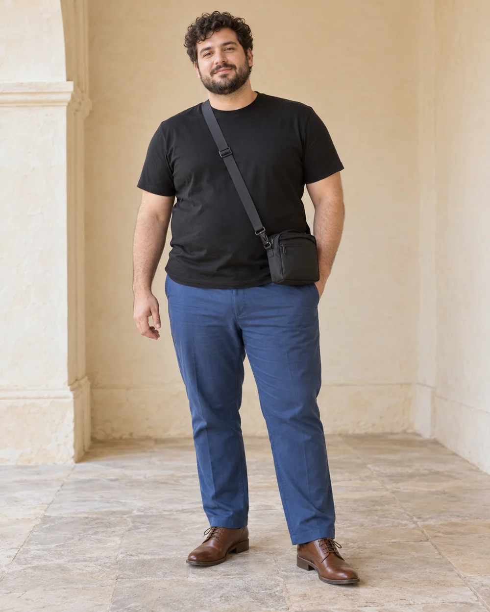 A full-length adult man with light-medium neutral skin wearing Blue straight trousers, black opaque tee and Brown Derby shoes, with a small dark crossbody bag; both complete shoes are visible.