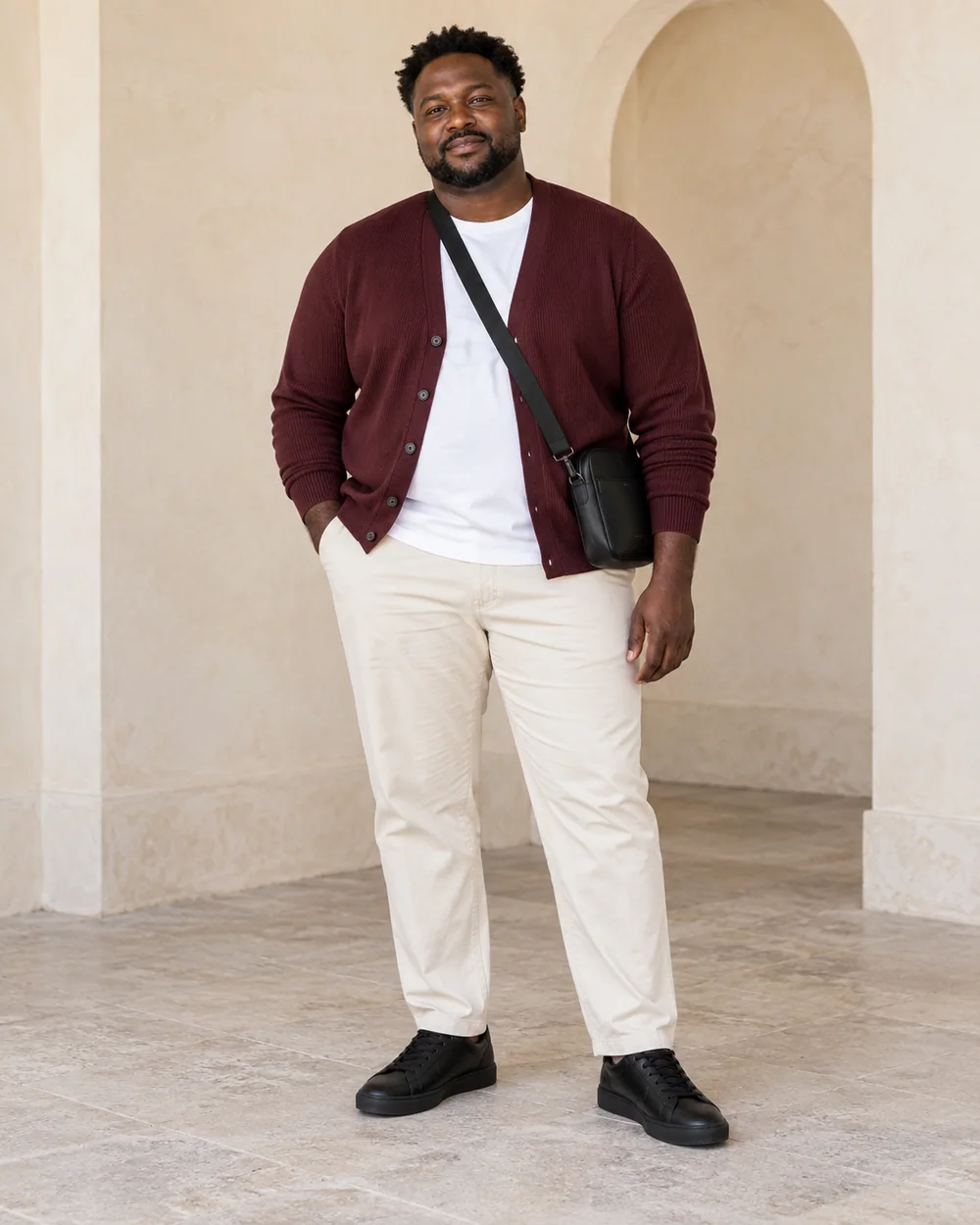 A full-length adult man with deep brown skin wearing Cream straight chinos, white tee, Burgundy cardigan and Plain black low trainers, with a small dark crossbody bag; both complete shoes are visible.