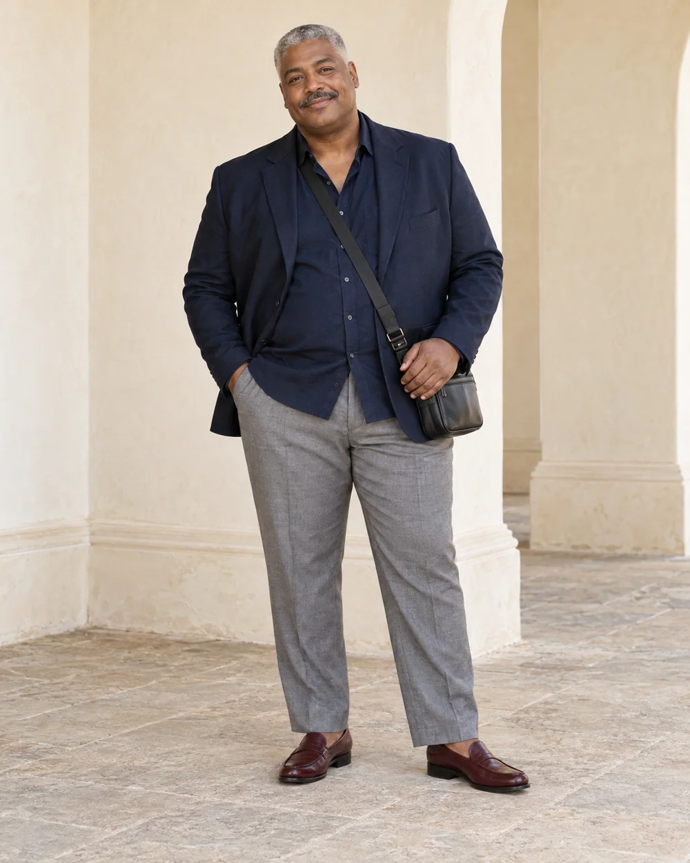 A full-length adult man with medium-deep warm brown skin wearing Grey tailored trousers, navy short-sleeved shirt, Navy relaxed blazer and Burgundy loafers, with a small dark crossbody bag; both complete shoes are visible.