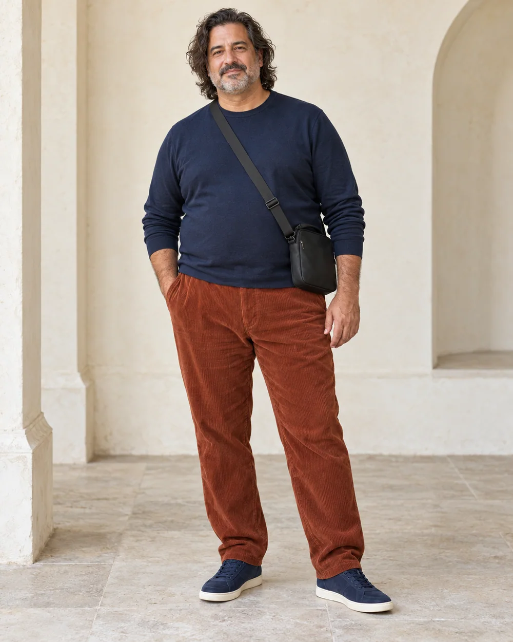A full-length adult man with medium olive skin wearing Rust corduroy trousers, navy smooth top and Navy slim trainers, with a small dark crossbody bag; both complete shoes are visible.